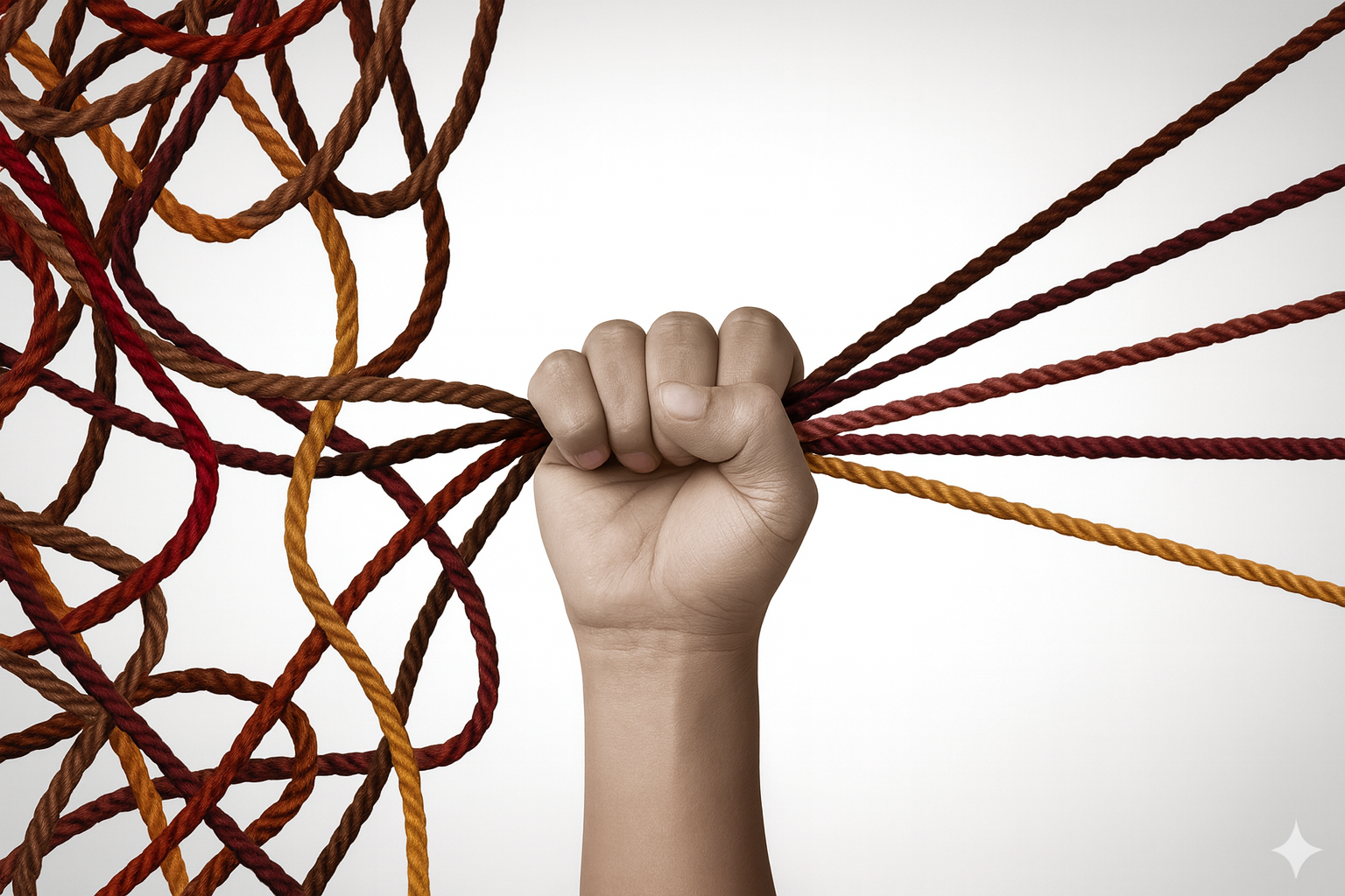 A hand gripping and pulling a tangled bunch of multicolored ropes, with some ropes extending outward in different directions showing the tangled mess becoming organized and untangled on the other side.