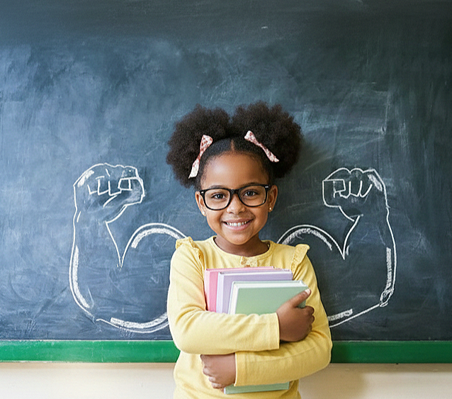 Young girl with glasses holding books, smiling, standing in front of a chalkboard with white chalk drawings of flexing arms.