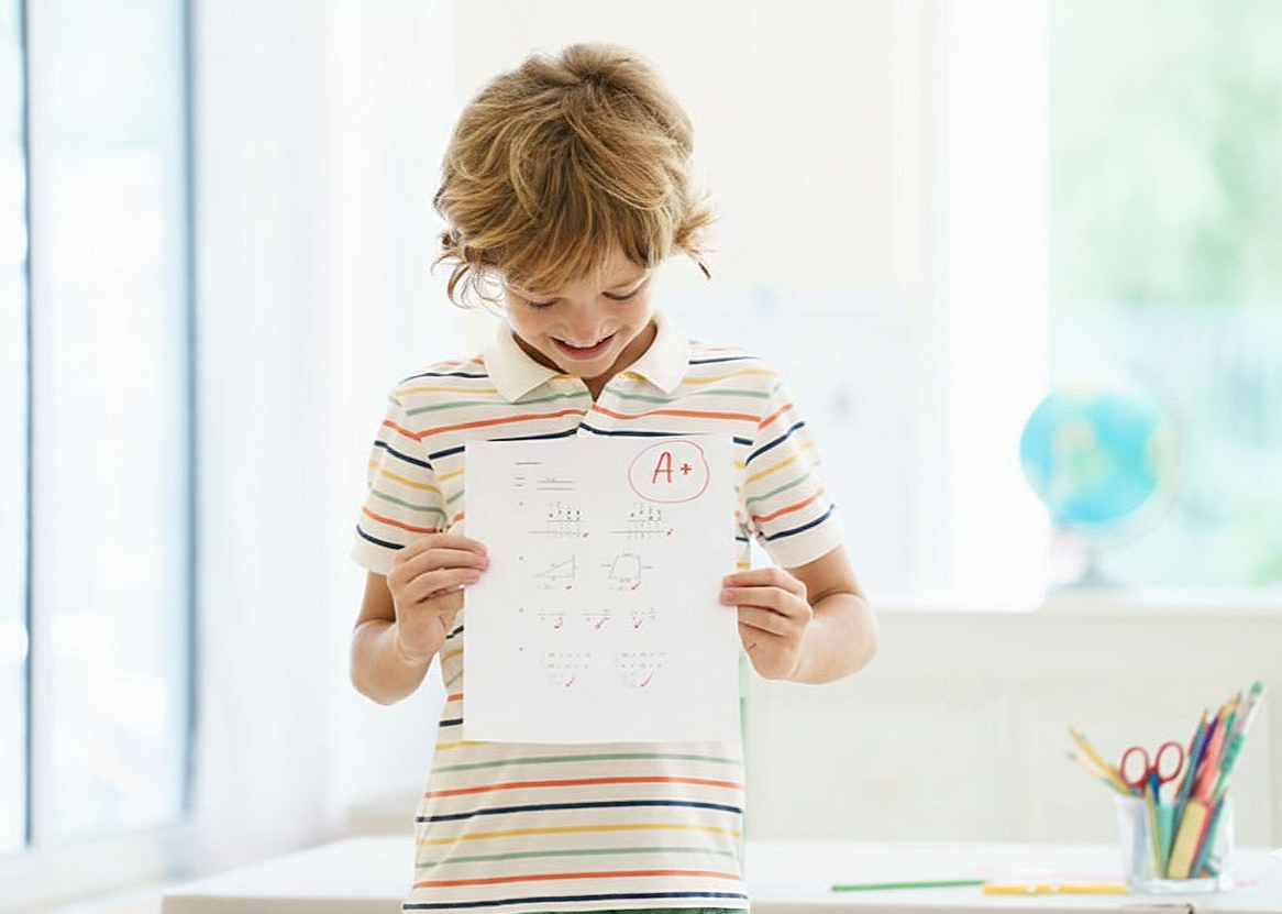 A young boy smiling and holding a paper with an A+ grade, standing in a bright classroom with a globe and colored pencils in the background.