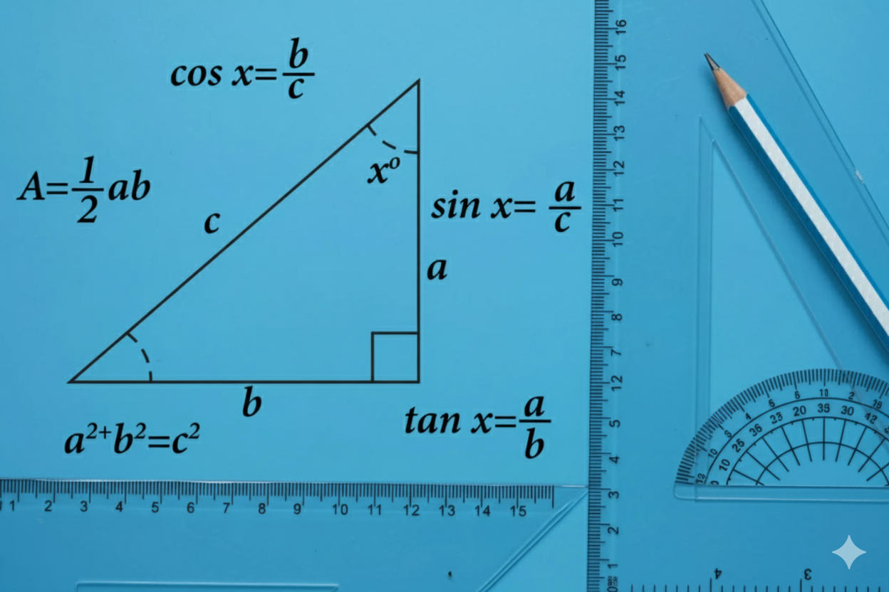 Diagram of a right triangle with trigonometric formulas: cosine, sine, tangent, and Pythagorean theorem, along with measuring tools on a blue background.