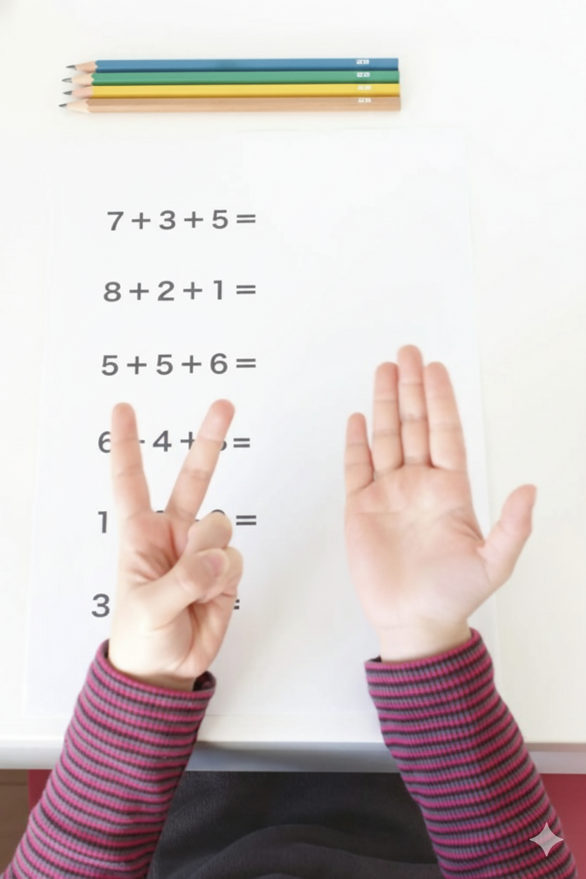 Child's hands showing peace sign and open hand over a worksheet with simple addition problems, four colored pencils above on a white surface.