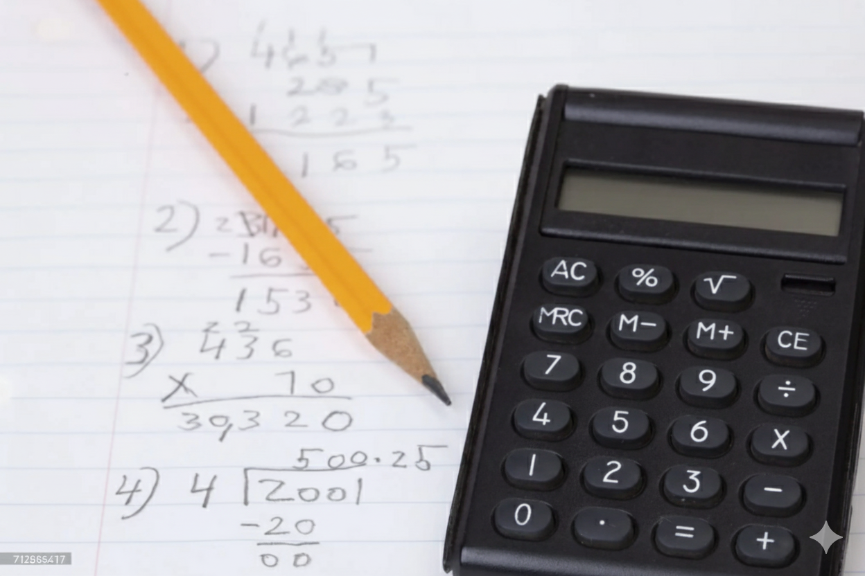 A yellow pencil, a calculator, and handwritten math problems on lined paper.