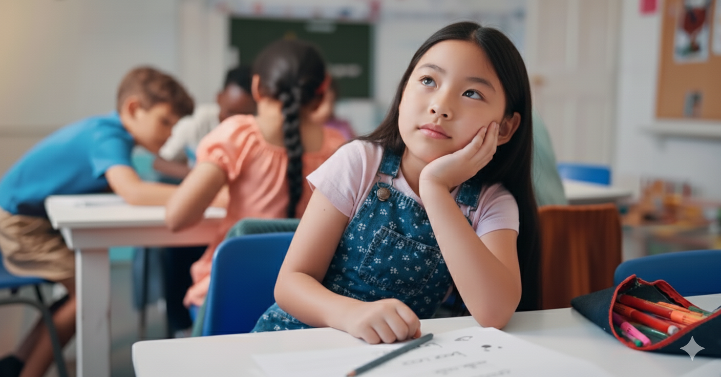 A young girl with long dark hair, wearing a denim apron over a pink shirt, sits at a desk in a classroom with her chin resting on her hand, looking thoughtful. In the background, other children are working at their desks.