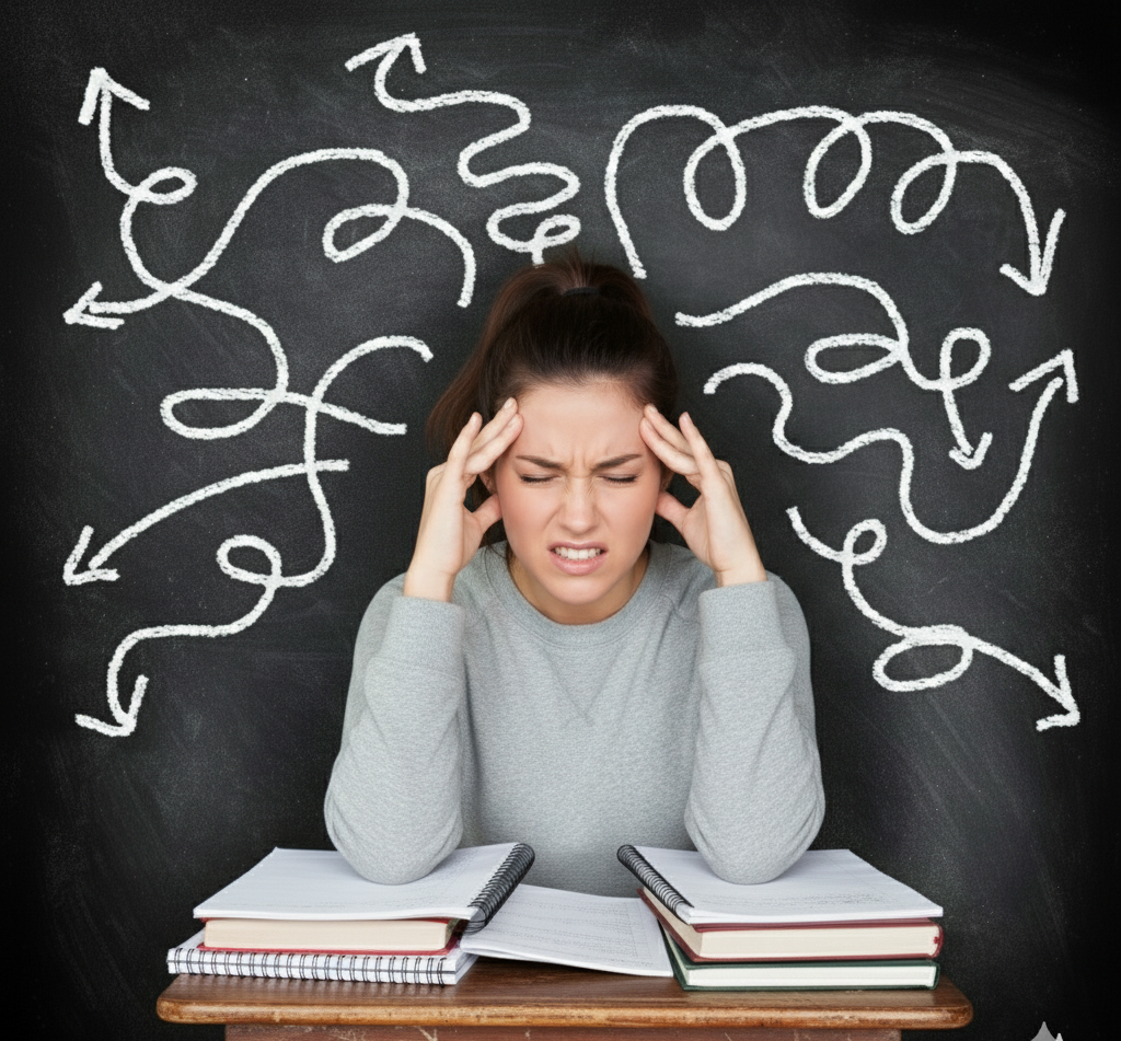 A woman sitting at a desk with books and notebooks, holding her head and looking stressed, with chaotic chalk-drawn arrows behind her on a blackboard.