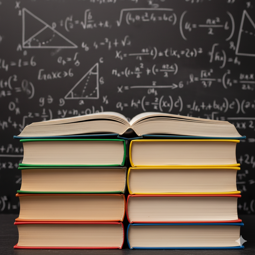 A stack of books with colorful spines and an open book on top, placed in front of a blackboard filled with mathematical and geometric formulas and diagrams.