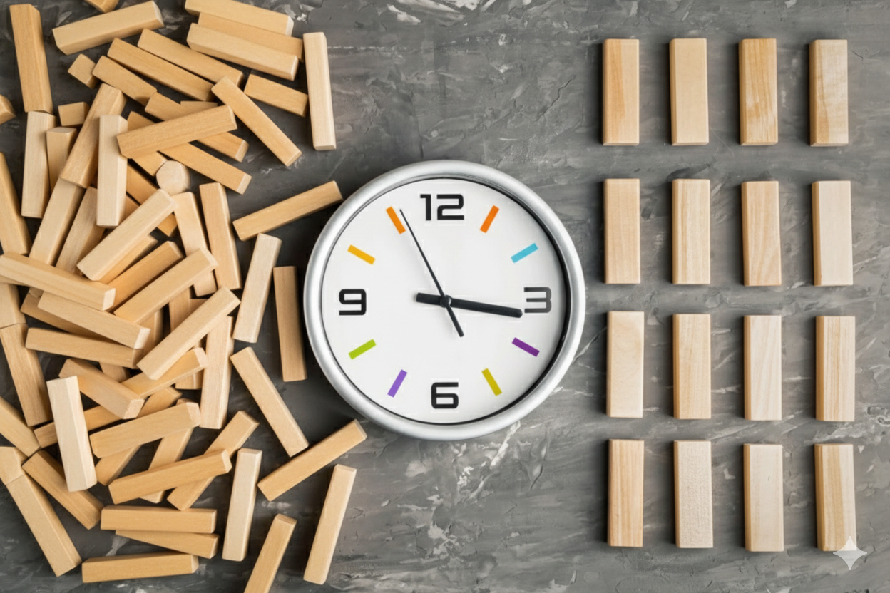 A round wall clock with black hands and multicolored hour markers, surrounded by scattered wooden dominoes on a gray marble surface.